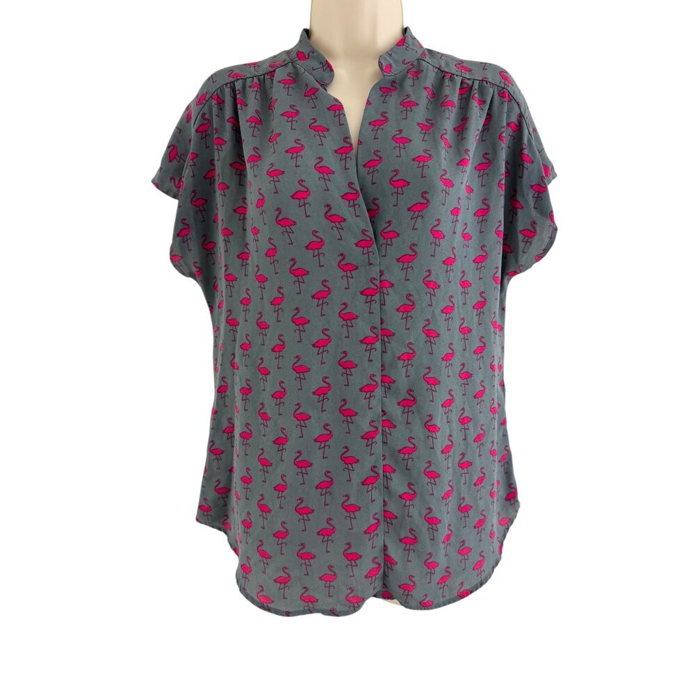 Pleione Gray Pink Flamingo Print Chiffon Top‎ Blouse Shirt Size S Summer Relaxed